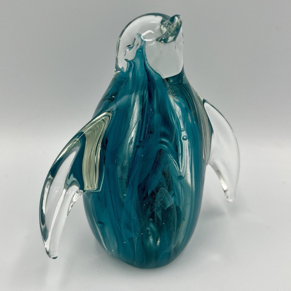 Penguin Paperweight Glow In The Dark Blue Swirl 3-1/4" Tall Dynasty‎ Gallery EUC
